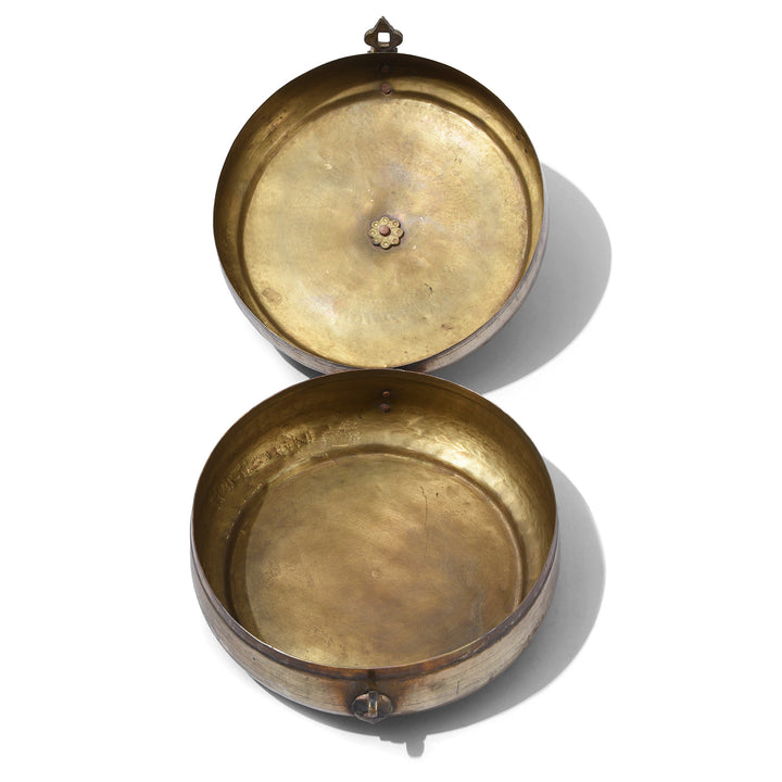 Interior Of Antique Indian Brass Chapati Box With Hand Engraved Geometric Decoration From Rajasthan