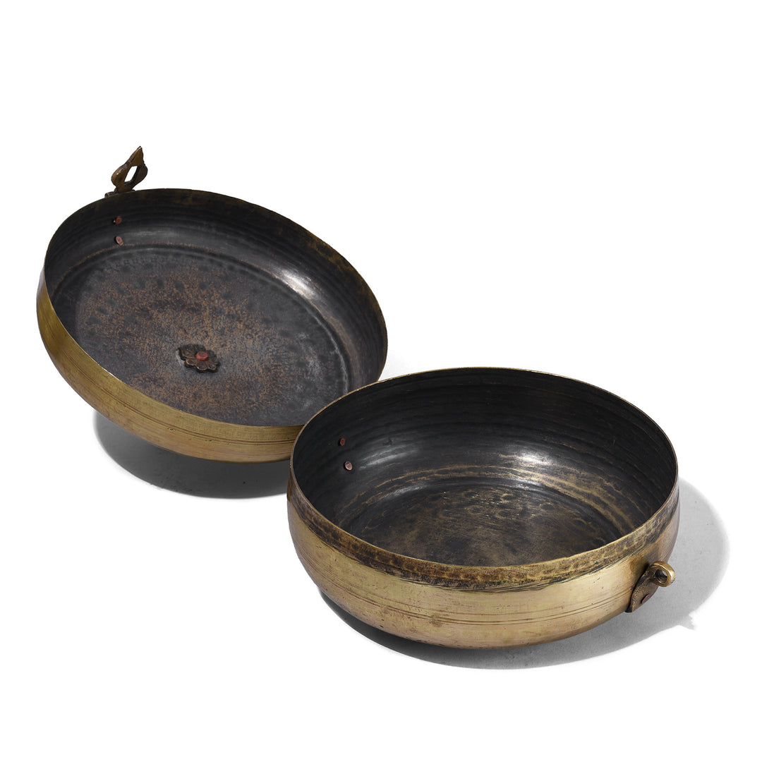 Interior Of Antique Brass Chapati Boxes From Rajasthan With Engraved Lids Circa 1900
