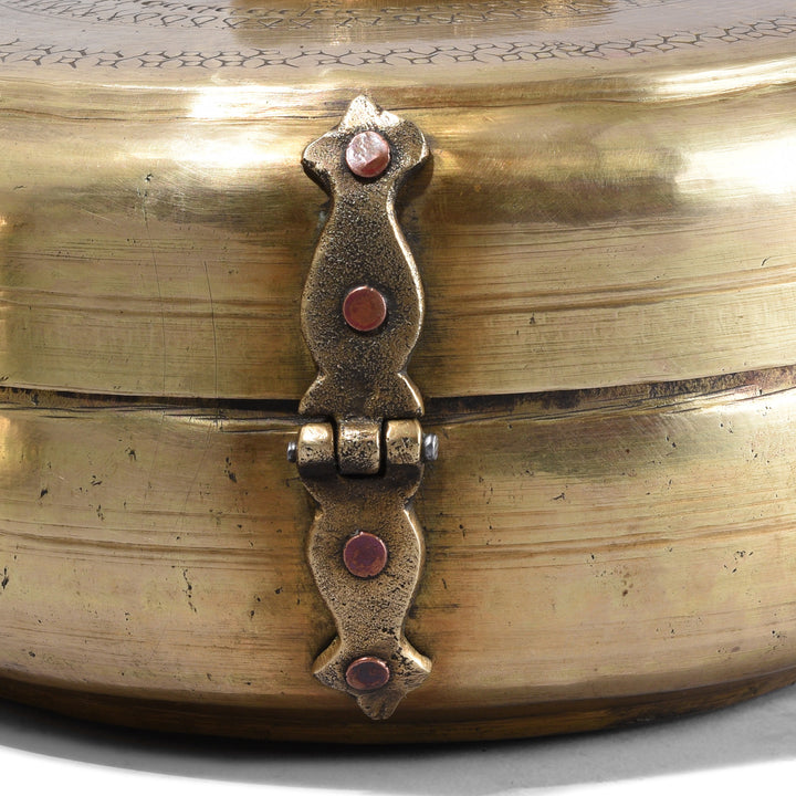 Hinge Detail From Antique Brass Chapati Boxes From Rajasthan With Engraved Lids Circa 1900