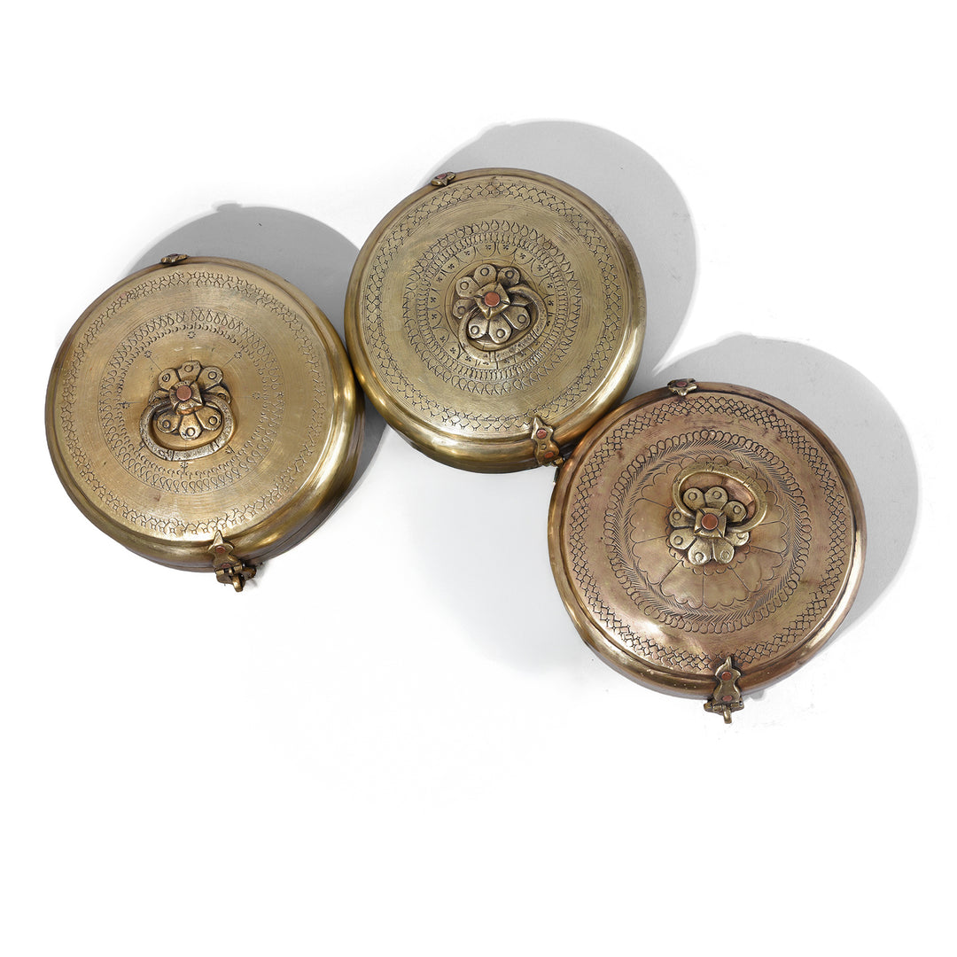 Top Down View Of Antique Brass Chapati Boxes From Rajasthan With Engraved Lids Circa 1900