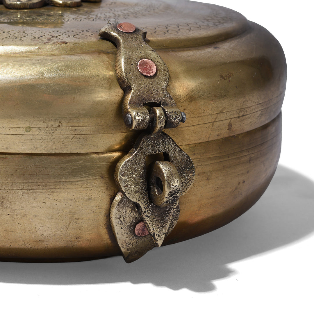 Detail View Of Clasp From Brass Indian Chapati Box With Hand Engraved Lid And Floral Clasp Rajasthan Circa 1900