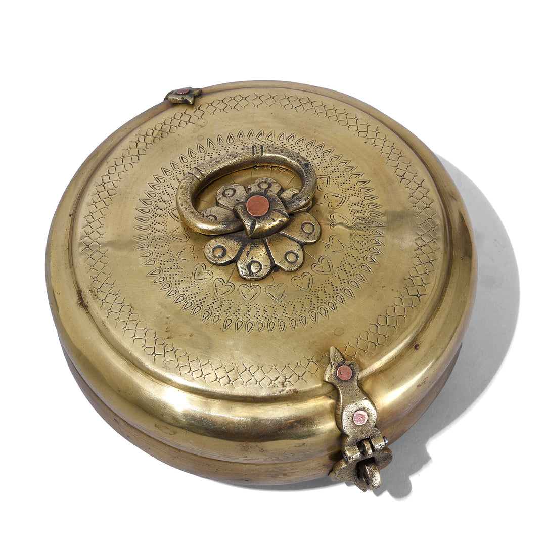 Top Down View Of Brass Indian Chapati Box With Hand Engraved Lid And Floral Clasp Rajasthan Circa 1900