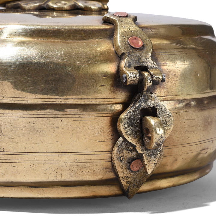 Latch Detail From Antique Brass Chapati Box From Rajasthan With Plain Lid And Loop Handle Circa 1900