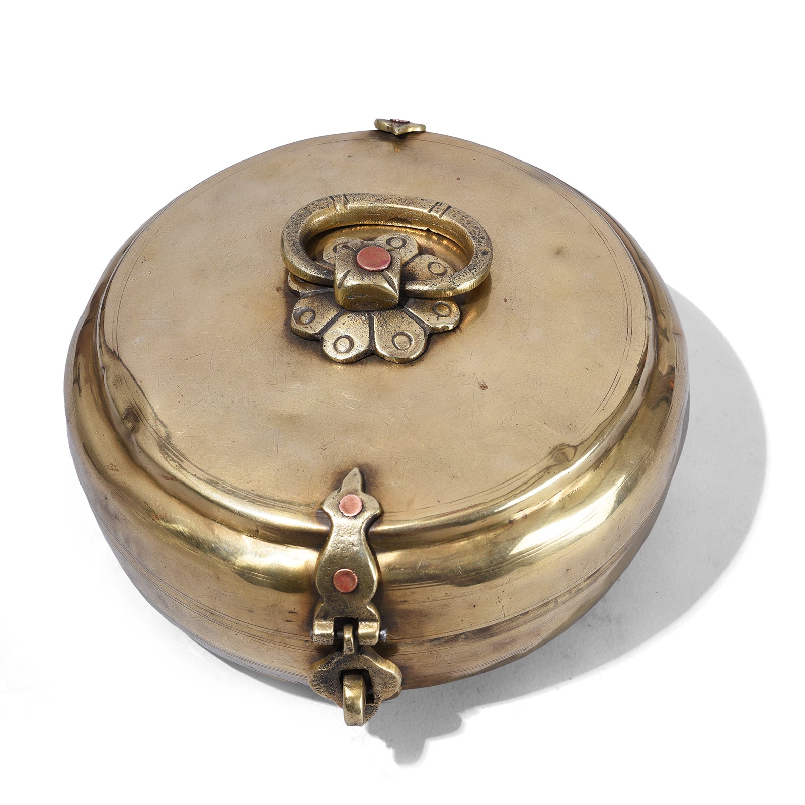 Top Down View Of Antique Brass Chapati Box From Rajasthan With Plain Lid And Loop Handle Circa 1900