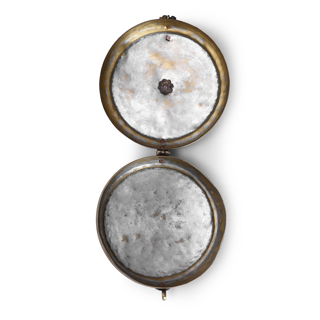 Inteirior Of Antique Brass Chapati Box From Rajasthan With Plain Lid And Loop Handle Circa 1900