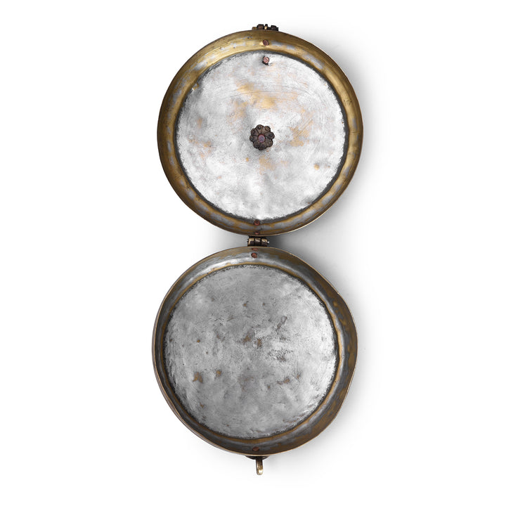 Inteirior Of Antique Brass Chapati Box From Rajasthan With Plain Lid And Loop Handle Circa 1900