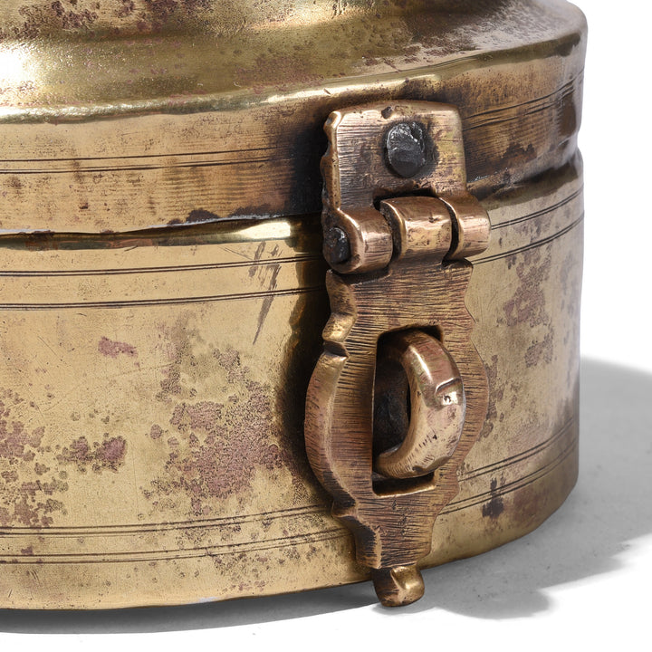 Latch Detail From Antique Brass Chapati Box From Rajasthan With Handle And Clasp Circa 1900