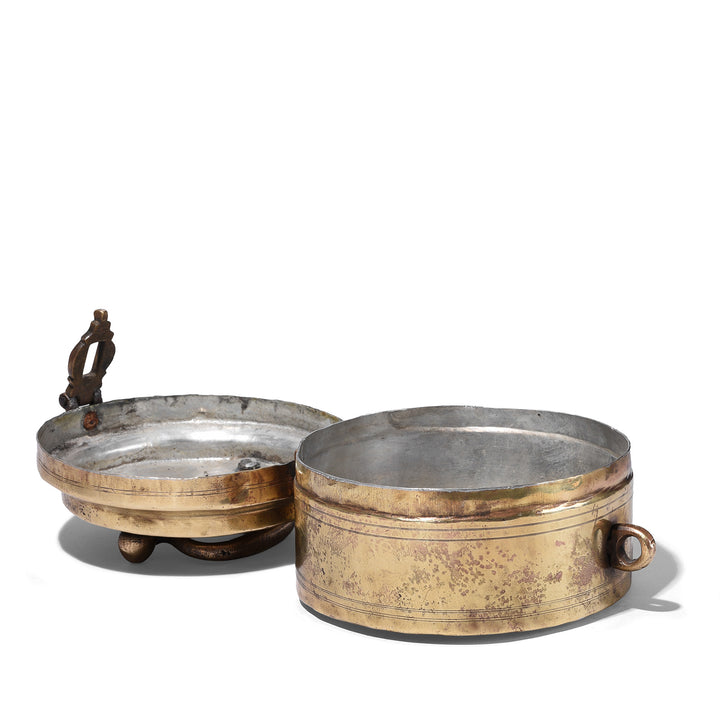 Open View Of Antique Brass Chapati Box From Rajasthan With Handle And Clasp Circa 1900