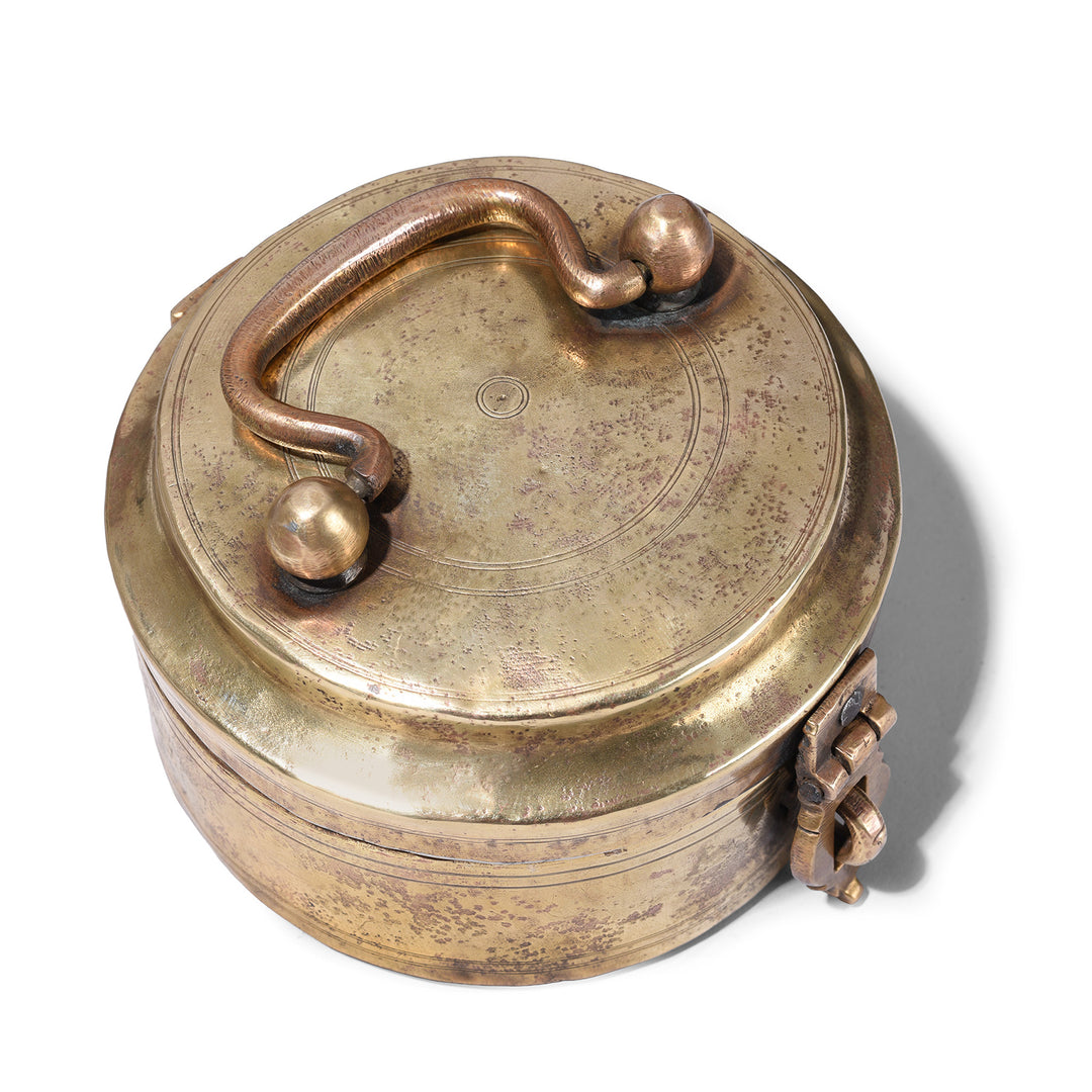 Top Down View Of Antique Brass Chapati Box From Rajasthan With Handle And Clasp Circa 1900