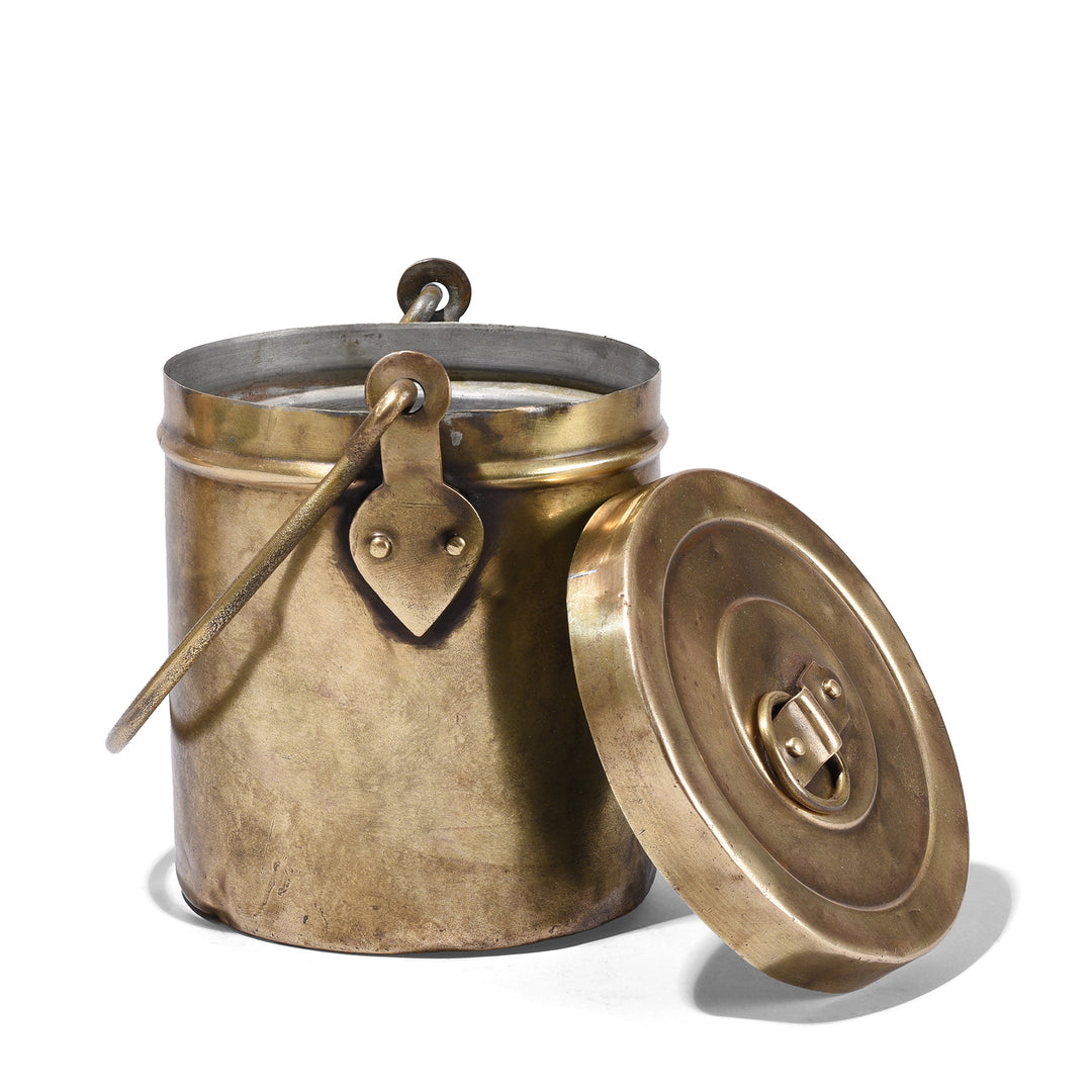 Lid Off View Of Antique Brass Food Caddies From Northern India With Long Handles And Lift Off Lids Circa 1950