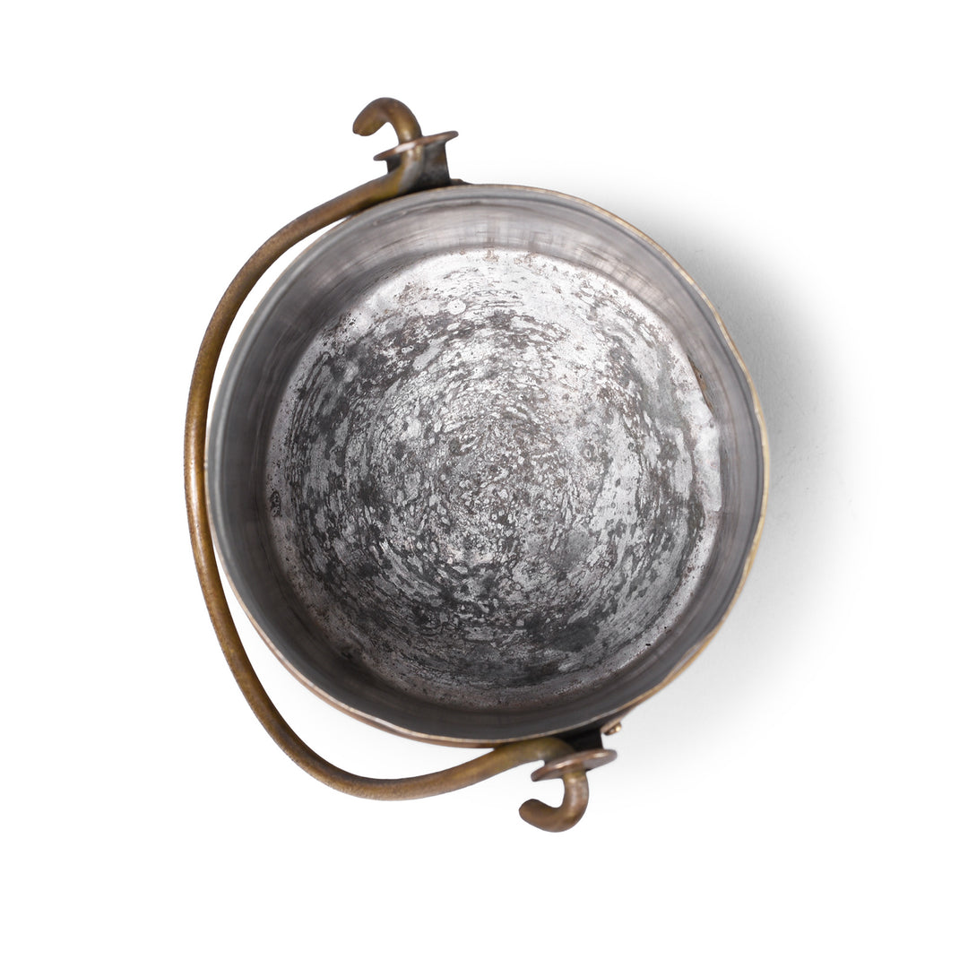 Interior Of Antique Brass Food Caddies From Northern India With Long Handles And Lift Off Lids Circa 1950