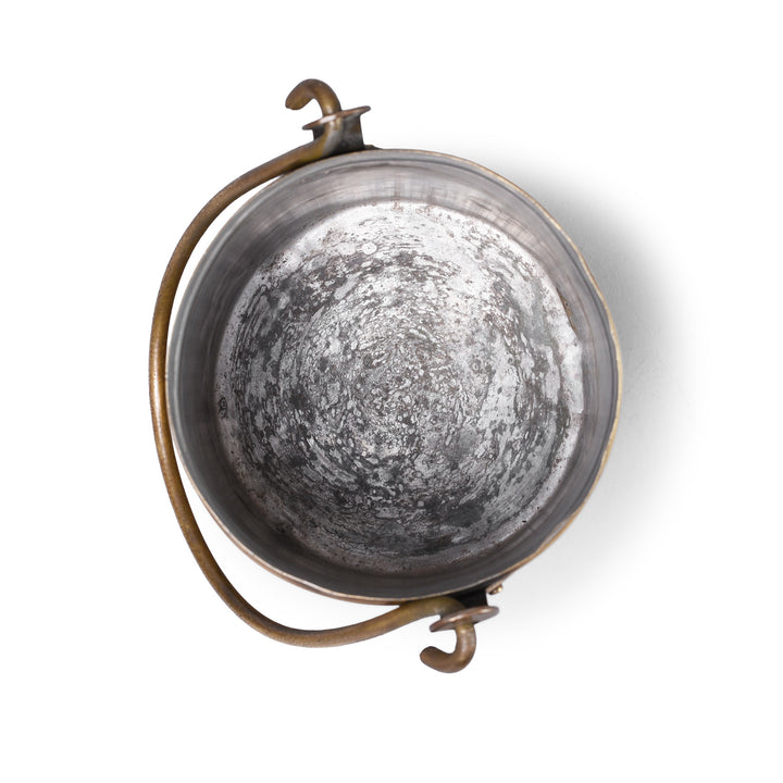 Interior Of Antique Brass Food Caddies From Northern India With Long Handles And Lift Off Lids Circa 1950