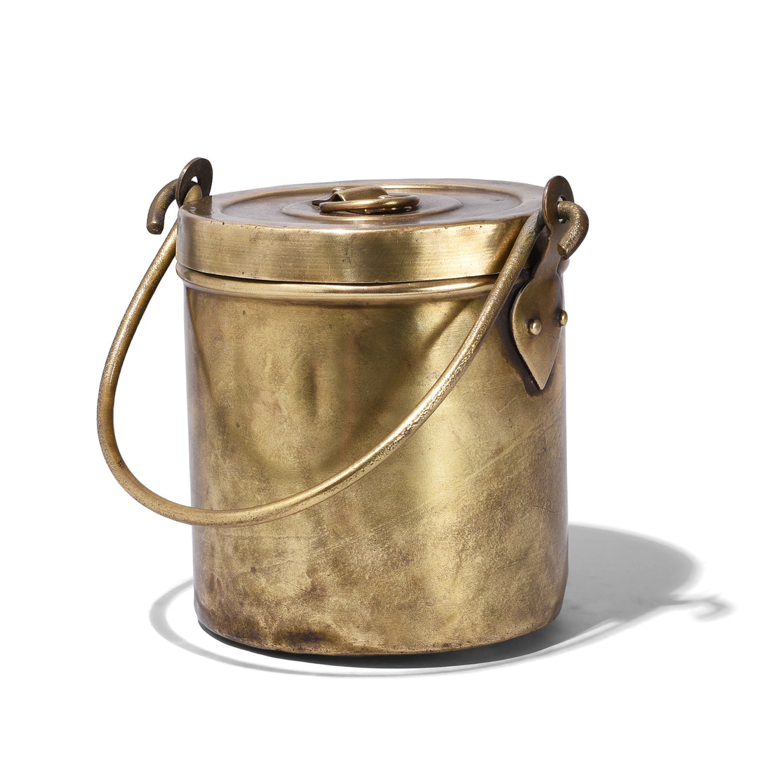 Antique Brass Food Caddy From Northern India With Long Handle And Lift Off Lid Circa 1950