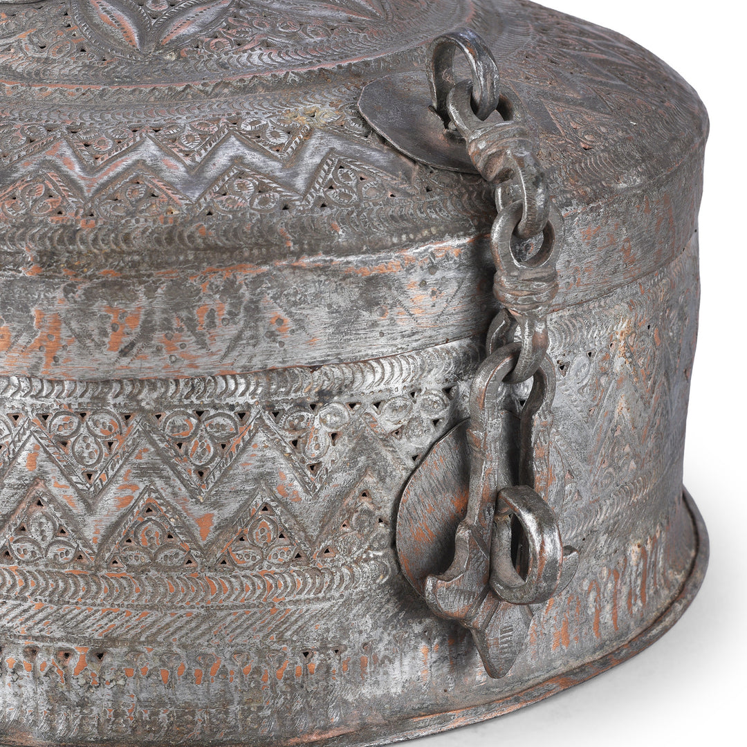 Latch Detail From Late 19th Century Kashmiri Tinned Copper Paan Box With Repoussé Decoration And Original Fitted Interior Set | Indigo Antiques