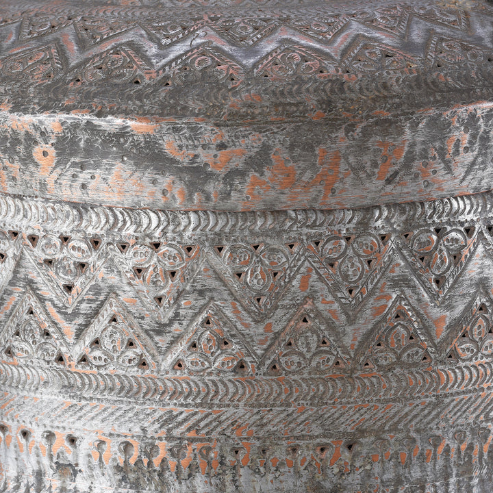Design Detail From Late 19th Century Kashmiri Tinned Copper Paan Box With Repoussé Decoration And Original Fitted Interior Set | Indigo Antiques