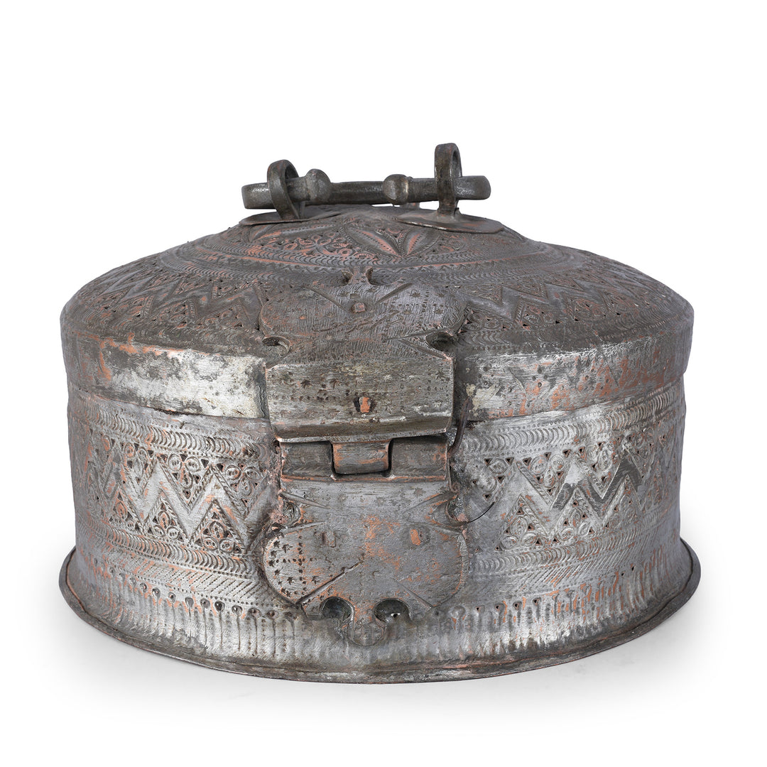 Back Of Late 19th Century Kashmiri Tinned Copper Paan Box With Repoussé Decoration And Original Fitted Interior Set | Indigo Antiques