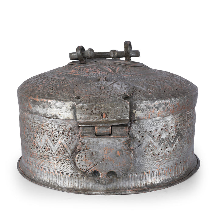 Back Of Late 19th Century Kashmiri Tinned Copper Paan Box With Repoussé Decoration And Original Fitted Interior Set | Indigo Antiques
