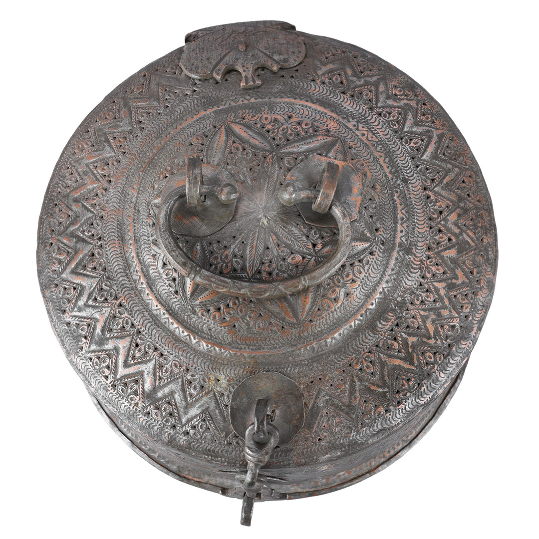 Top Down View Of Late 19th Century Kashmiri Tinned Copper Paan Box With Repoussé Decoration And Original Fitted Interior Set | Indigo Antiques