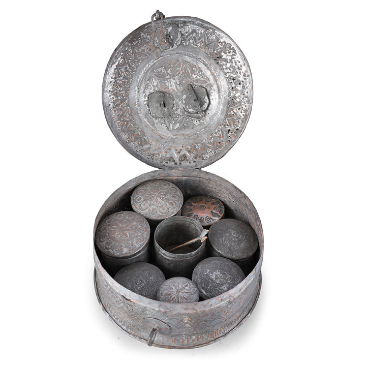 Contents Detail From Late 19th Century Kashmiri Tinned Copper Paan Box With Repoussé Decoration And Original Fitted Interior Set | Indigo Antiques