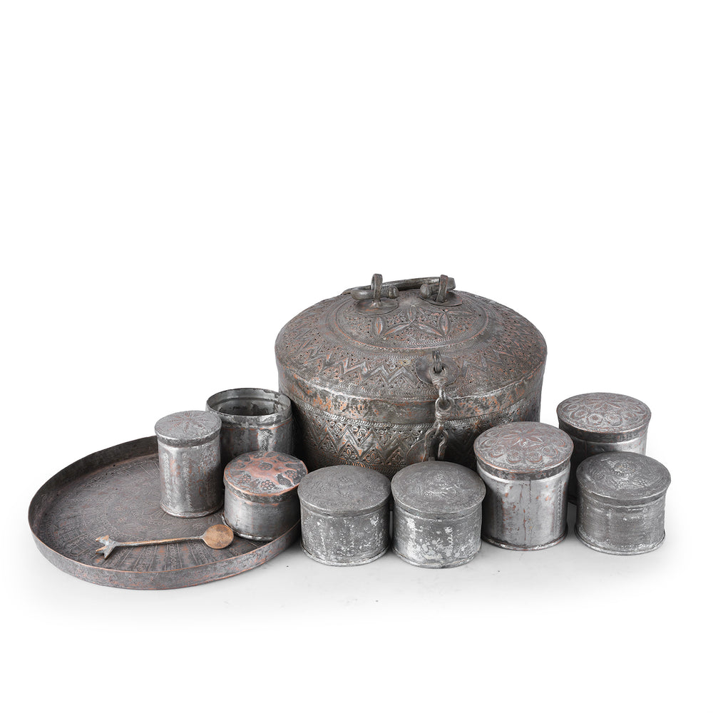 Contents Of Late 19th Century Kashmiri Tinned Copper Paan Box With Repoussé Decoration And Original Fitted Interior Set | Indigo Antiques