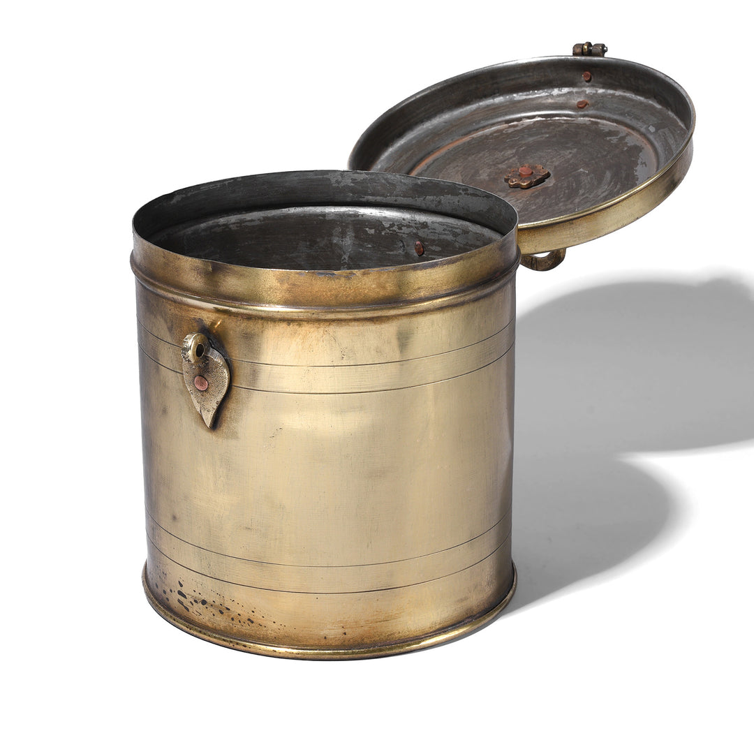 Open Lid View Of Antique Vintage Brass Food Caddy From Bombay