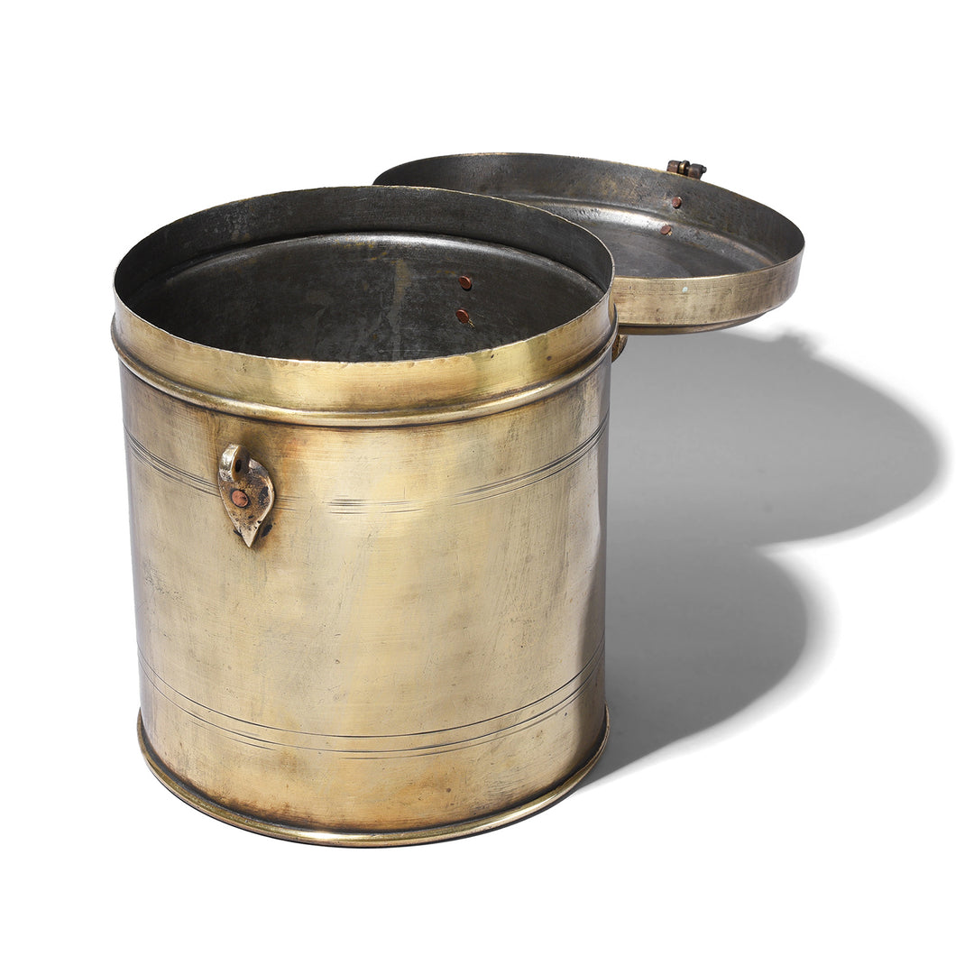 Lid Open View Of Antique Indian Brass Food Caddy 
