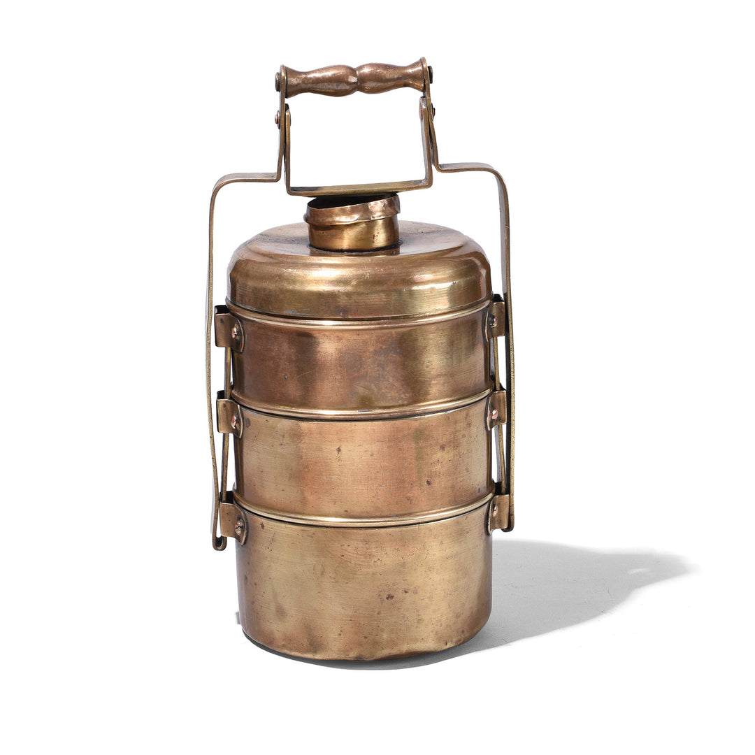 Antique Three Tier Brass Indian Tiffin Box Dabba With Handle Circa Early 20th Century