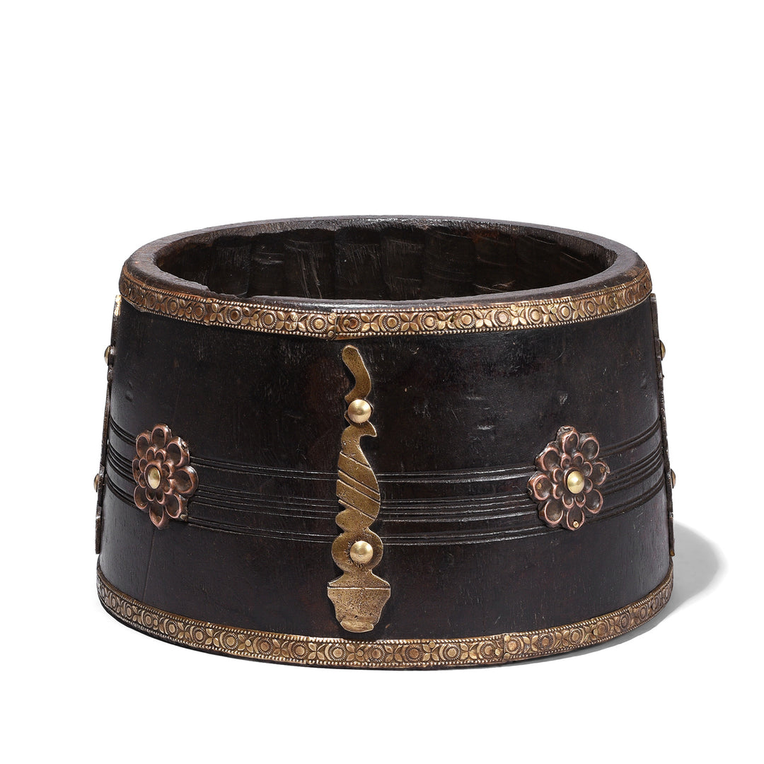 Vintage South Indian Jackfruit Wood Grain Measure With Ornate Brass Embellishments