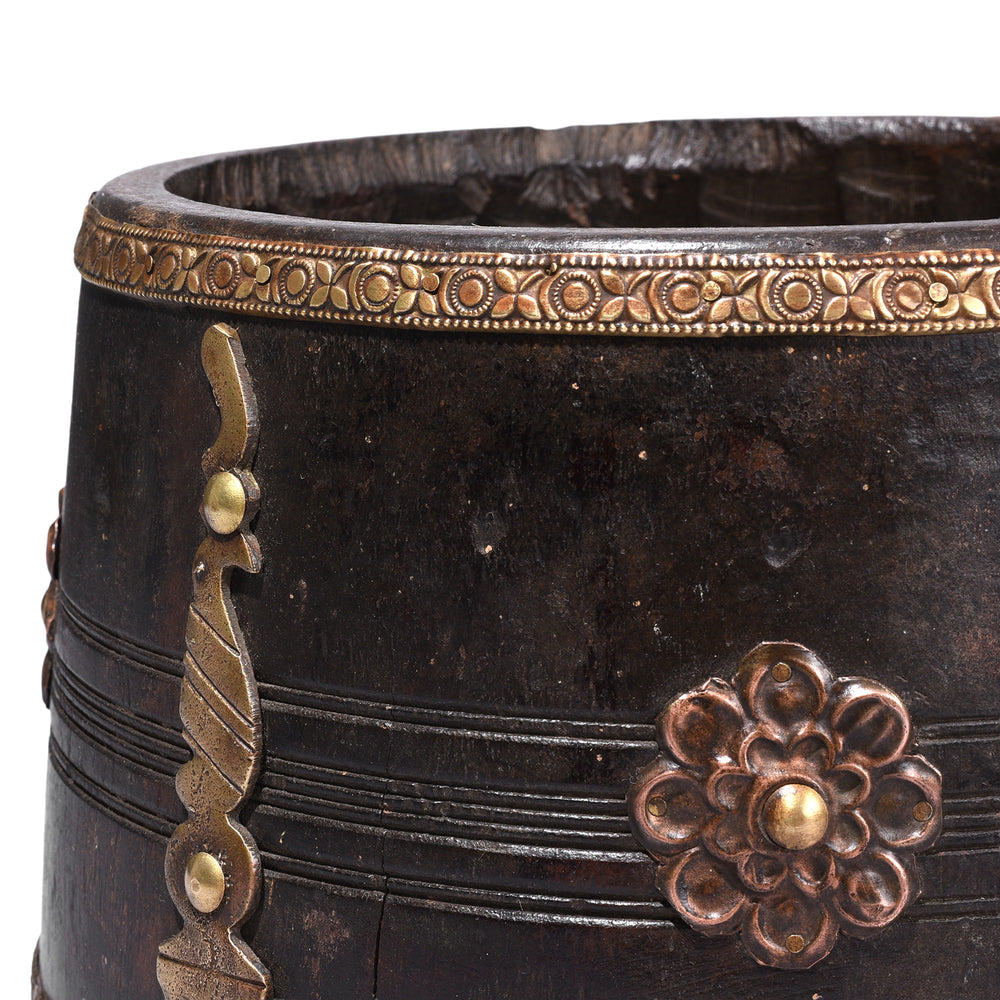 Detail From Vintage South Indian Jackfruit Wood Grain Measure With Ornate Brass Embellishments