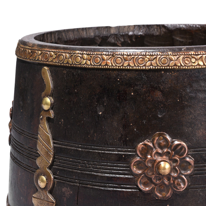 Detail From Vintage South Indian Jackfruit Wood Grain Measure With Ornate Brass Embellishments