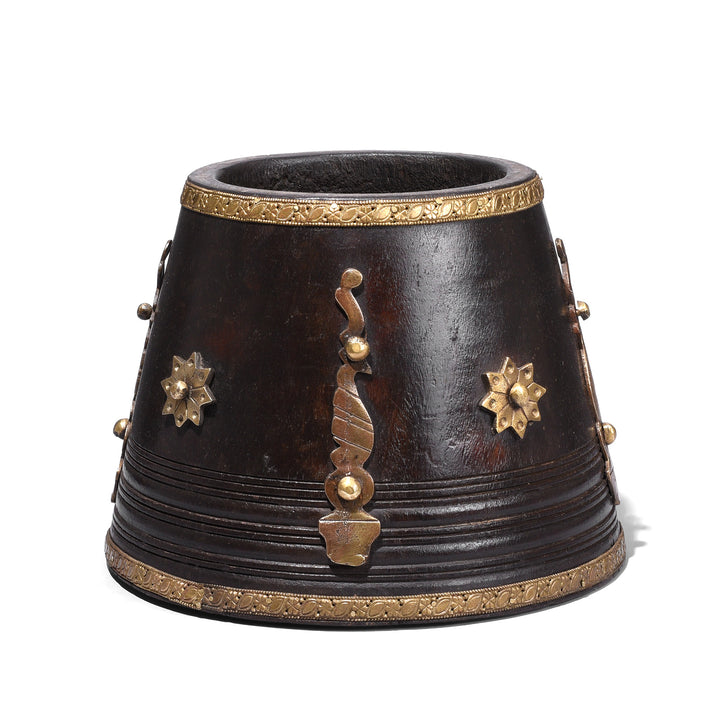 Vintage South Indian Jackfruit Wood Grain Measure With Ornate Brass Embellishments
