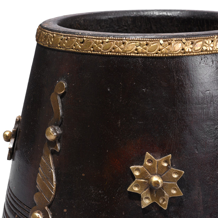Detail From Vintage South Indian Jackfruit Wood Grain Measure With Ornate Brass Embellishments