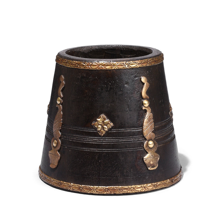 Vintage South Indian Jackfruit Wood Grain Measure With Ornate Brass Embellishments