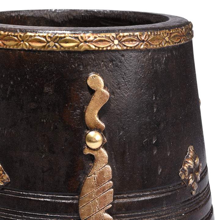 Detail From Vintage South Indian Jackfruit Wood Grain Measure With Ornate Brass Embellishments