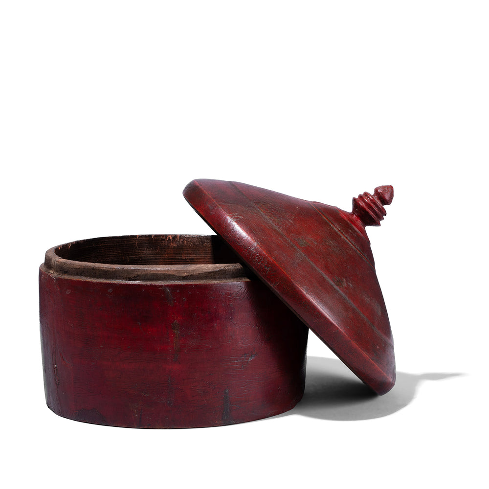 Lid Off View Of Vintage Red Lacquer Pot From Uttar Pradesh | Indigo Antiques
