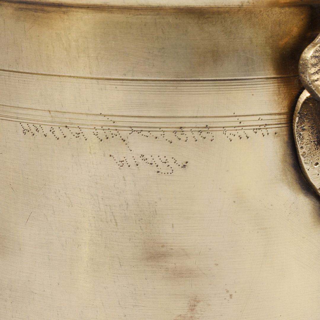 Inscription Detail From Antique Brass Food Caddies From Bombay With Hindi Inscriptions Circa 1920