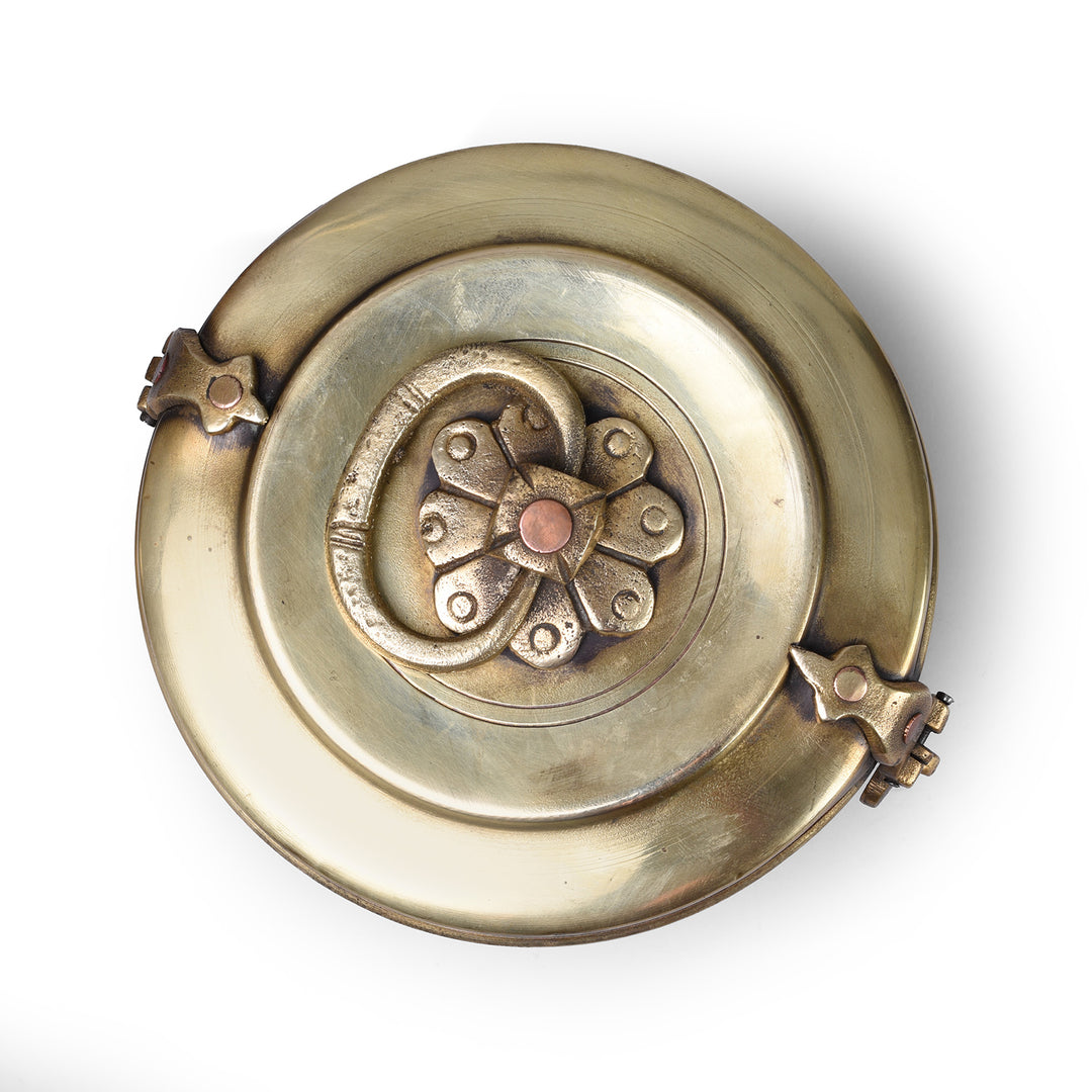 Top Down VIew Of Antique Brass Food Caddies From Bombay With Hindi Inscriptions Circa 1920