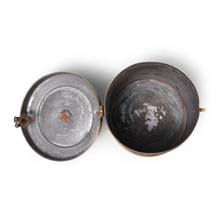 Interior Of Antique Brass Food Caddies From Bombay With Hindi Inscriptions Circa 1920