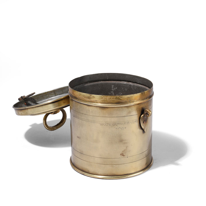 Open Lid View Of Antique Brass Food Caddies From Bombay With Hindi Inscriptions Circa 1920