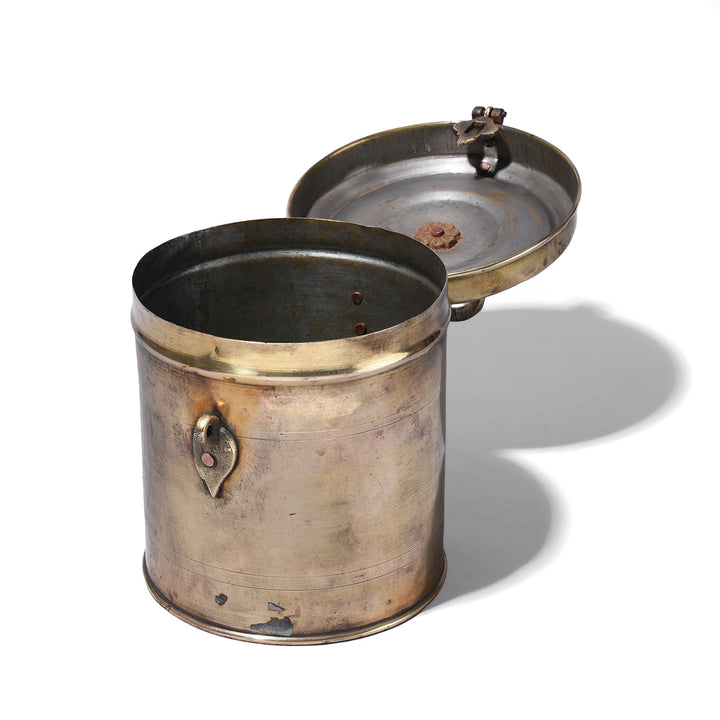 Open Lid VIew Of Vintage Brass Food Caddy From Bombay | Indigo Antiques