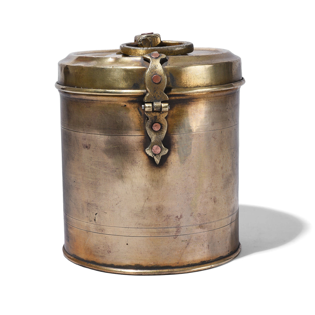Back Of Vintage Brass Food Caddy From Bombay | Indigo Antiques