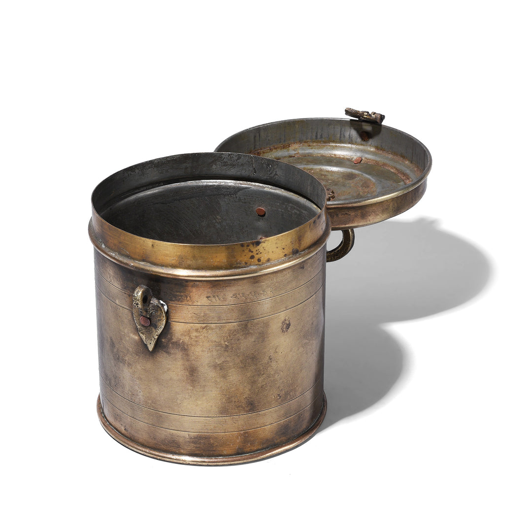 Lid Off VIew Of Vintage Brass Food Caddy From Bombay