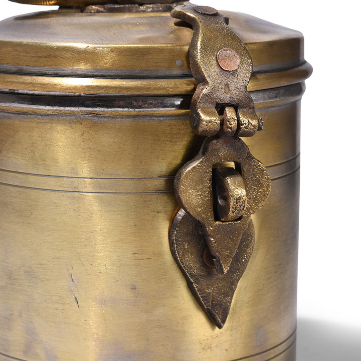 Latch Detail From Set Of Three Antique Brass Indian Food Caddies With Loop Handles Circa 1920