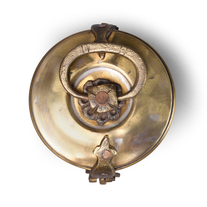 Top Down View Of Set Of Three Antique Brass Indian Food Caddies With Loop Handles Circa 1920