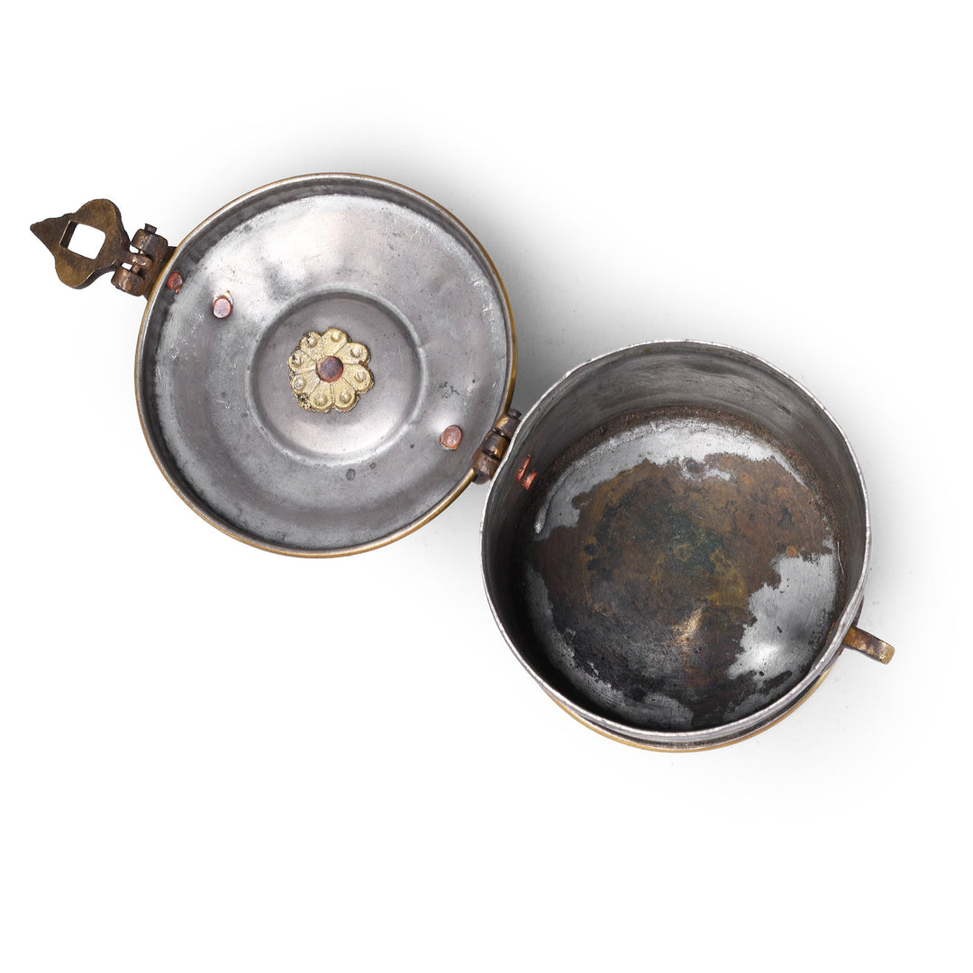 Interior Of Set Of Three Antique Brass Indian Food Caddies With Loop Handles Circa 1920