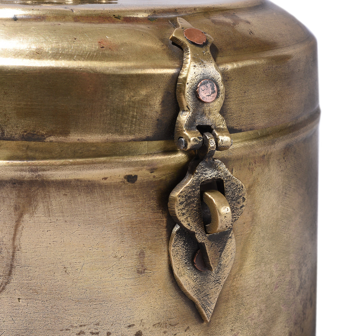 Latch Detail From Antique Brass Chapati Box From Rajasthan With Plain Lid And Floral Boss Circa 1920