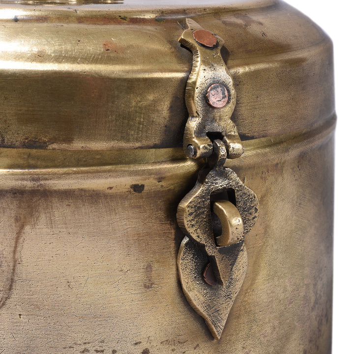 Latch Detail From Antique Brass Chapati Box From Rajasthan With Plain Lid And Floral Boss Circa 1920