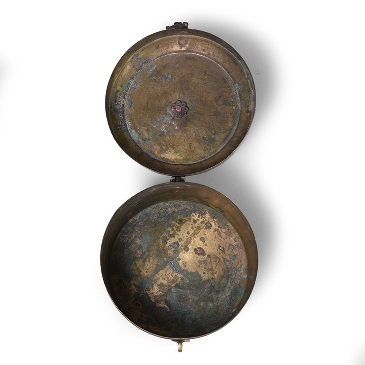 Interior Of Antique Brass Chapati Box From Rajasthan With Plain Lid And Floral Boss Circa 1920