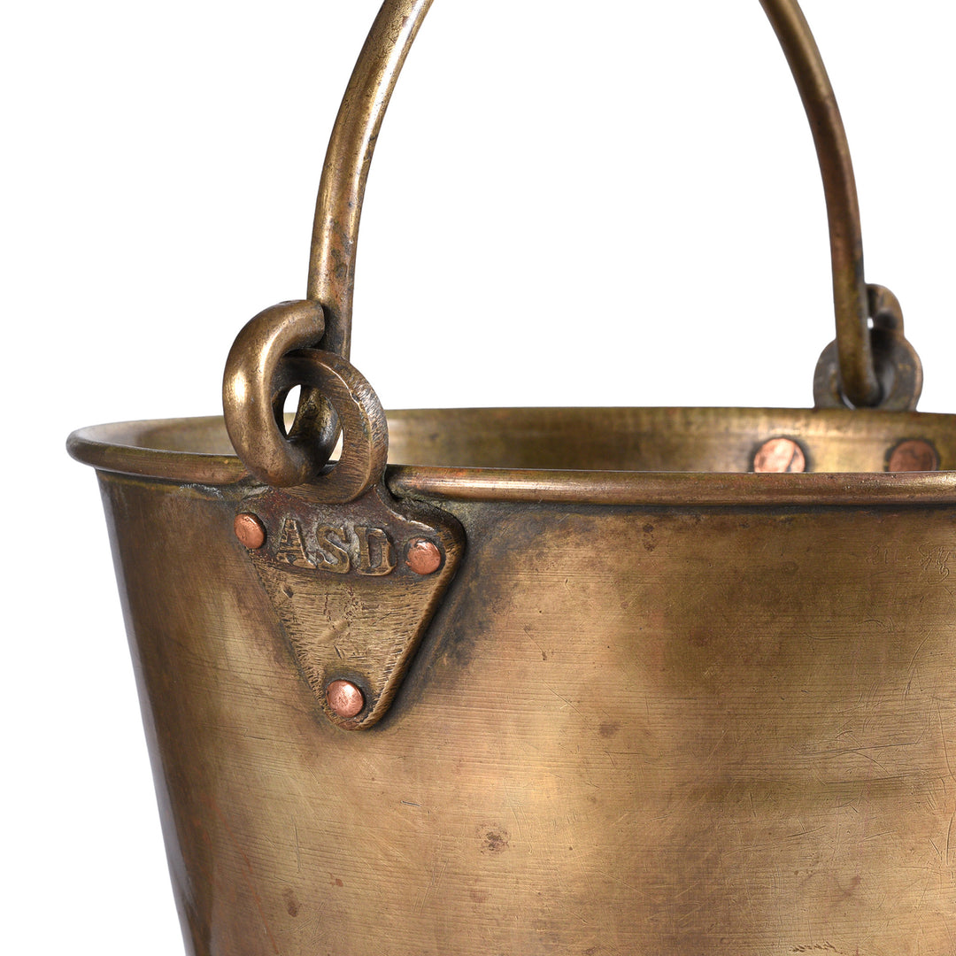 Handle Detail From Antique Brass Campaign Bucket With ASD Stamp And Flared Base