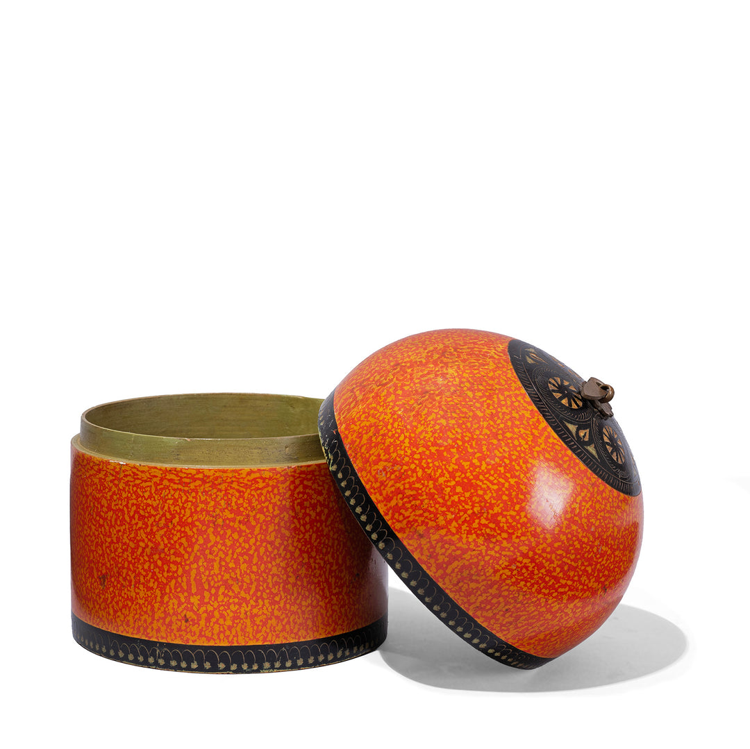 Lid Off VIew Of Antique Barmer Lacquer Pot With Orange And Black Pattern And Domed Lid